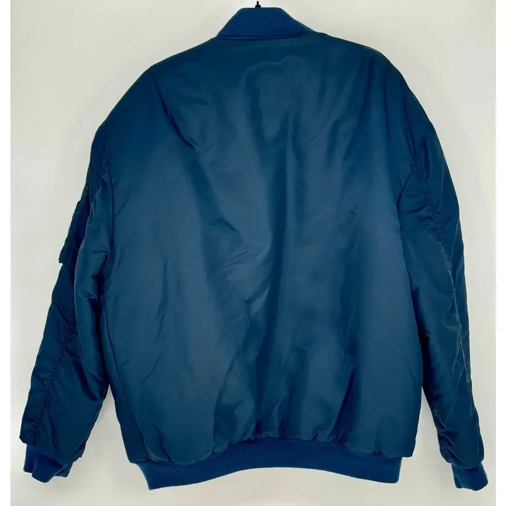 CLENCH Men M Jeans Nylon Bomber Jacket Navy w/ Heavy Orange Lining Winter Coat